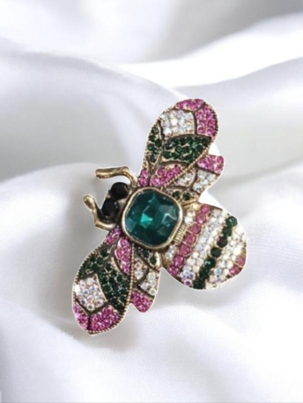 Emerald & Pink Crystal Bee Brooch